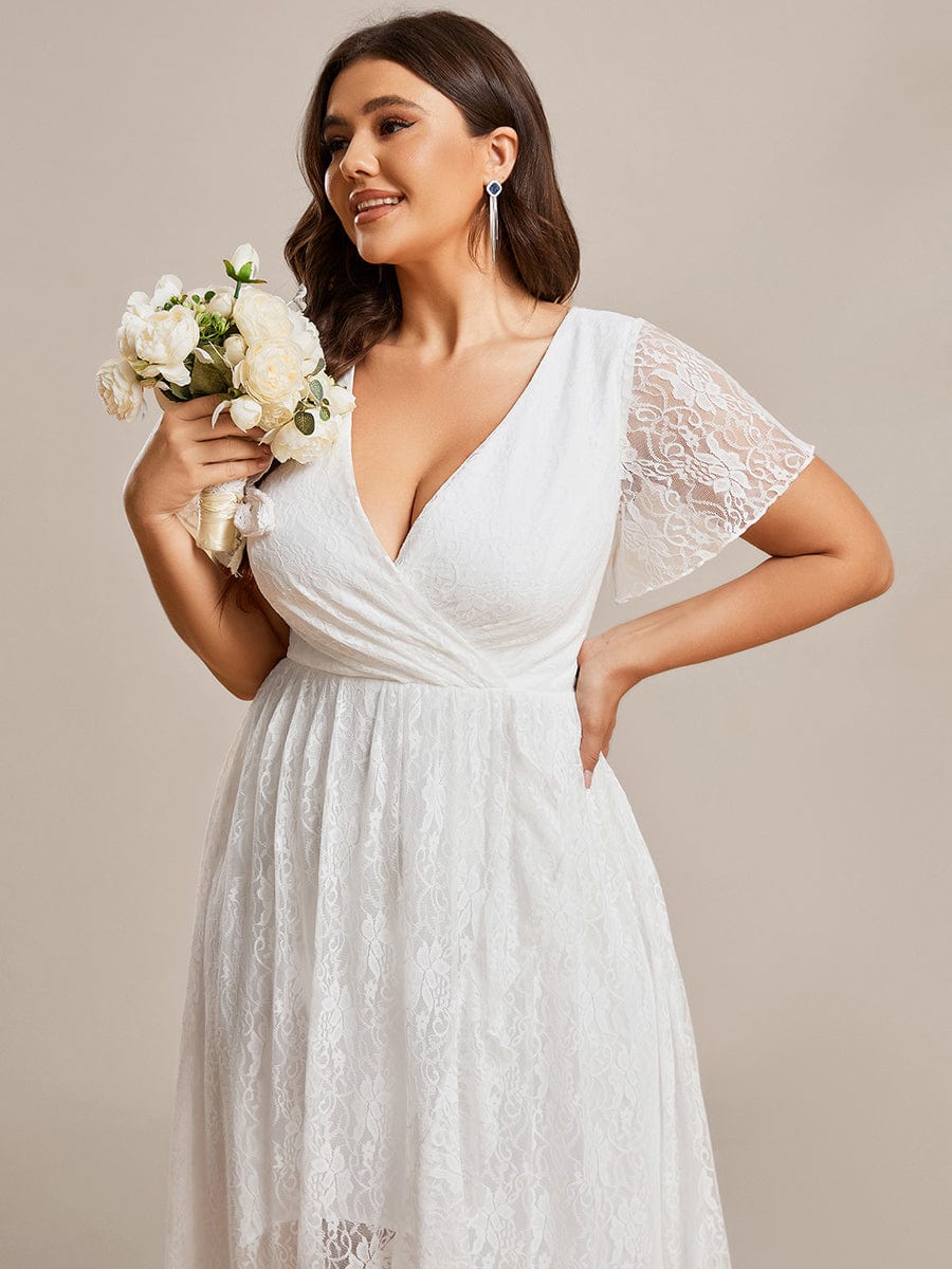 Ruffled Lace High-Low Plus Size Dress with Short Sleeves #color_White