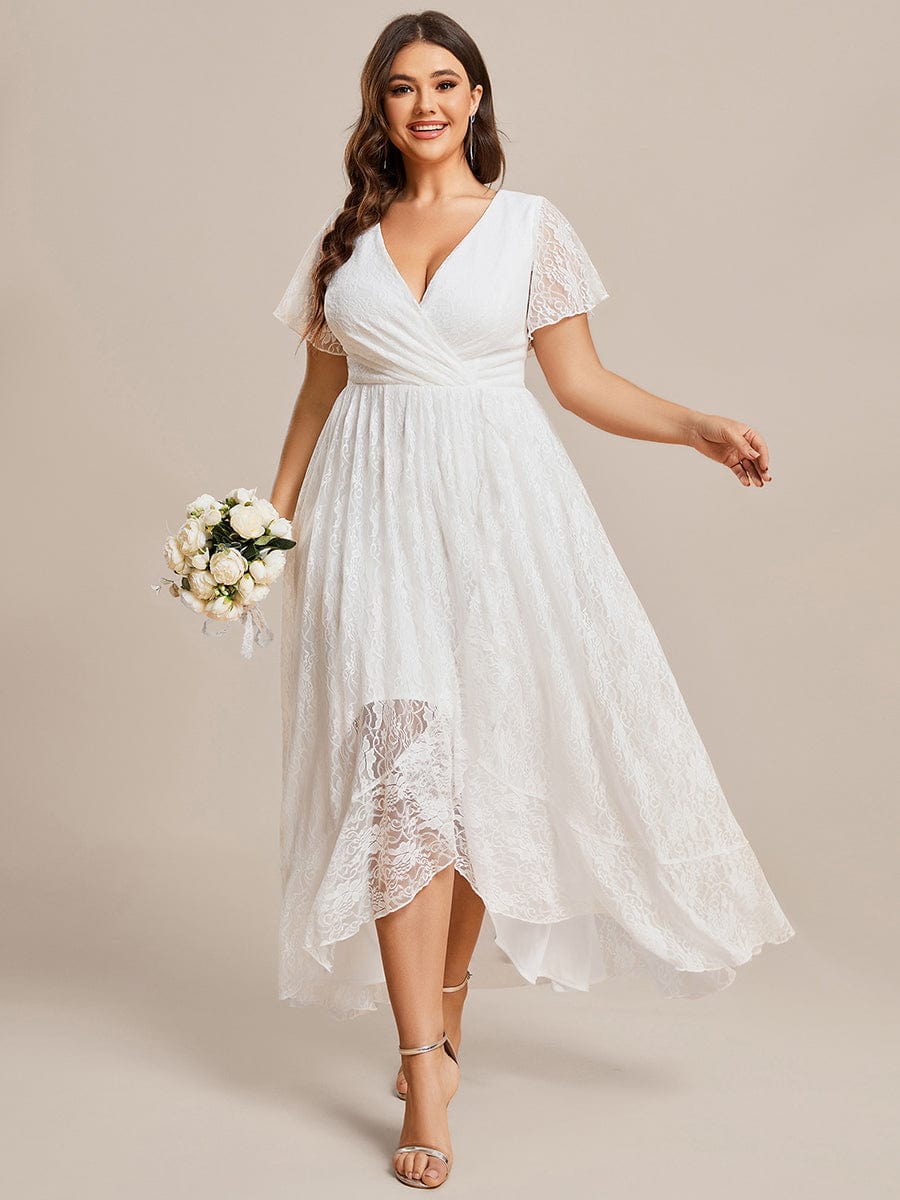 Ruffled Lace High-Low Plus Size Dress with Short Sleeves #color_White