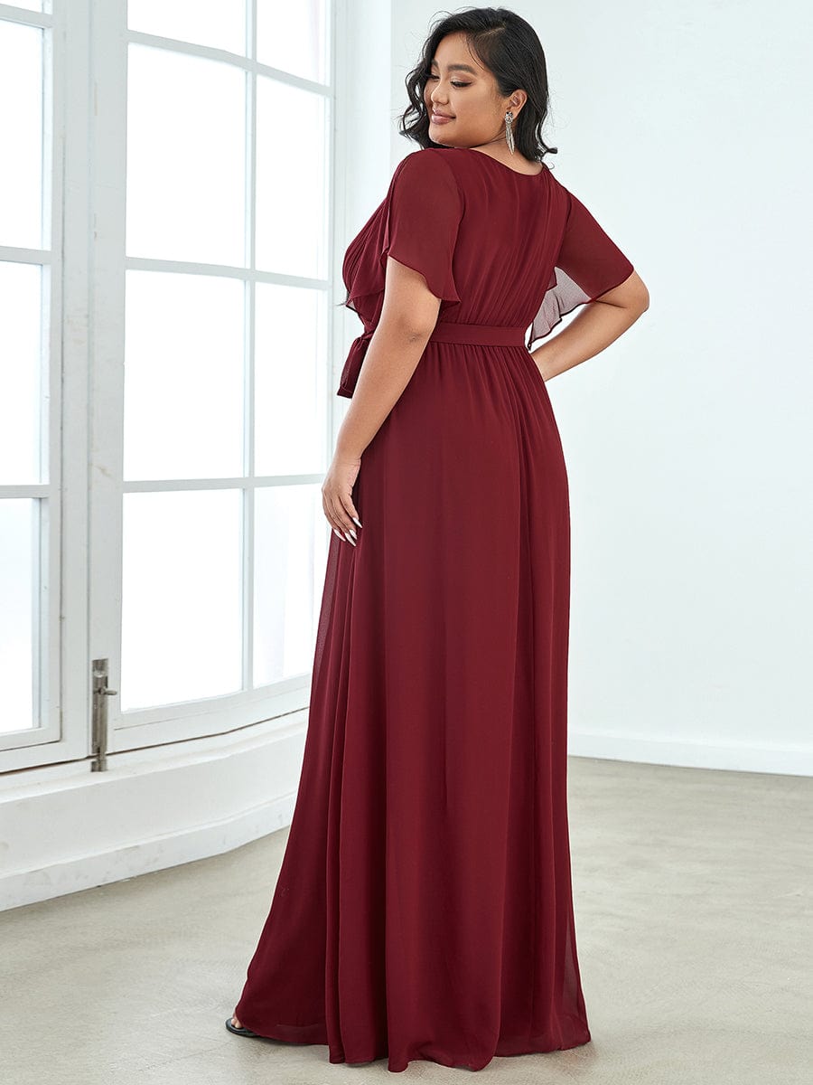 Plus Size Pleated Chiffon Tie-Waist Maxi Dress #color_Burgundy