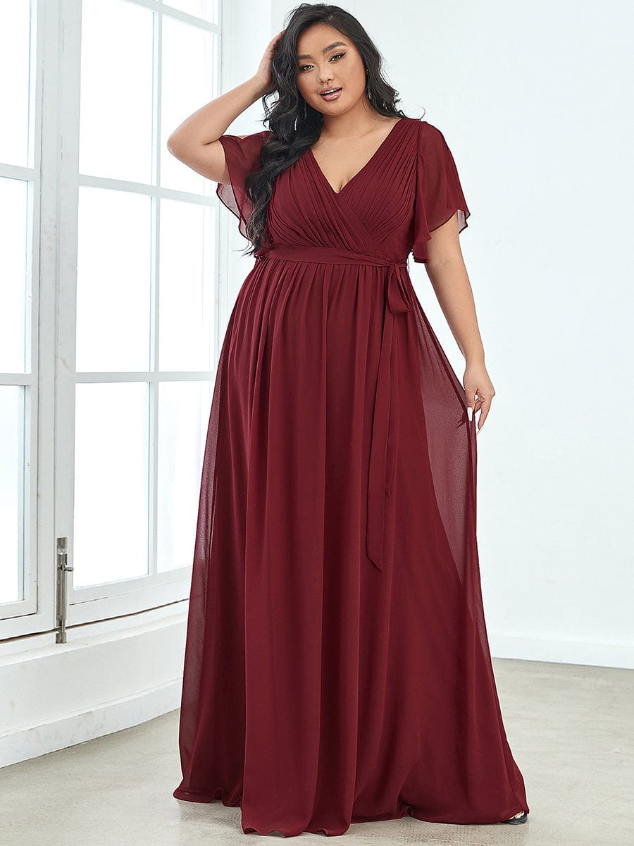 Plus Size Pleated Chiffon Tie-Waist Maxi Dress #color_Burgundy