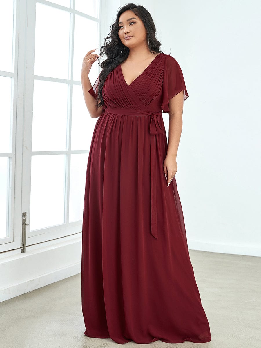 Plus Size Pleated Chiffon Tie-Waist Maxi Dress #color_Burgundy