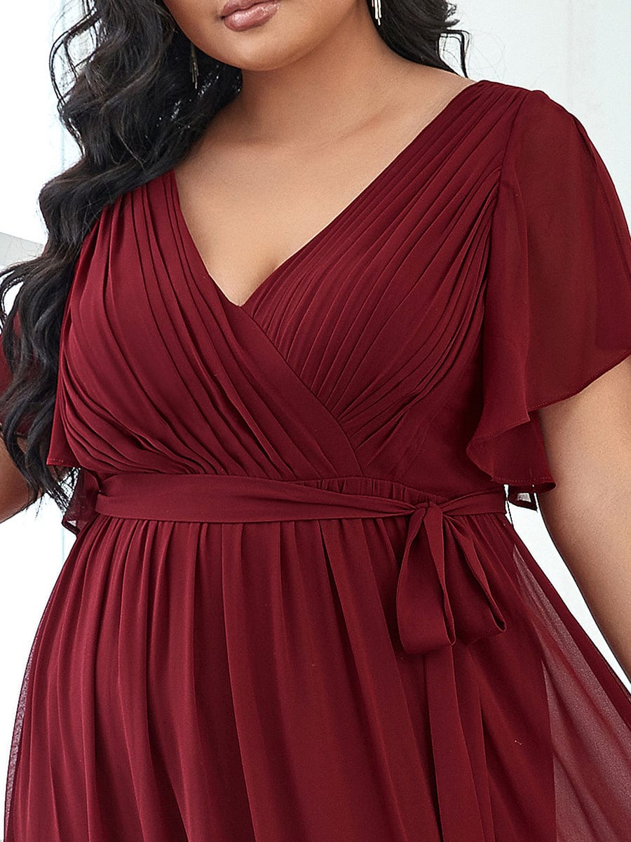 Plus Size Pleated Chiffon Tie-Waist Maxi Dress #color_Burgundy