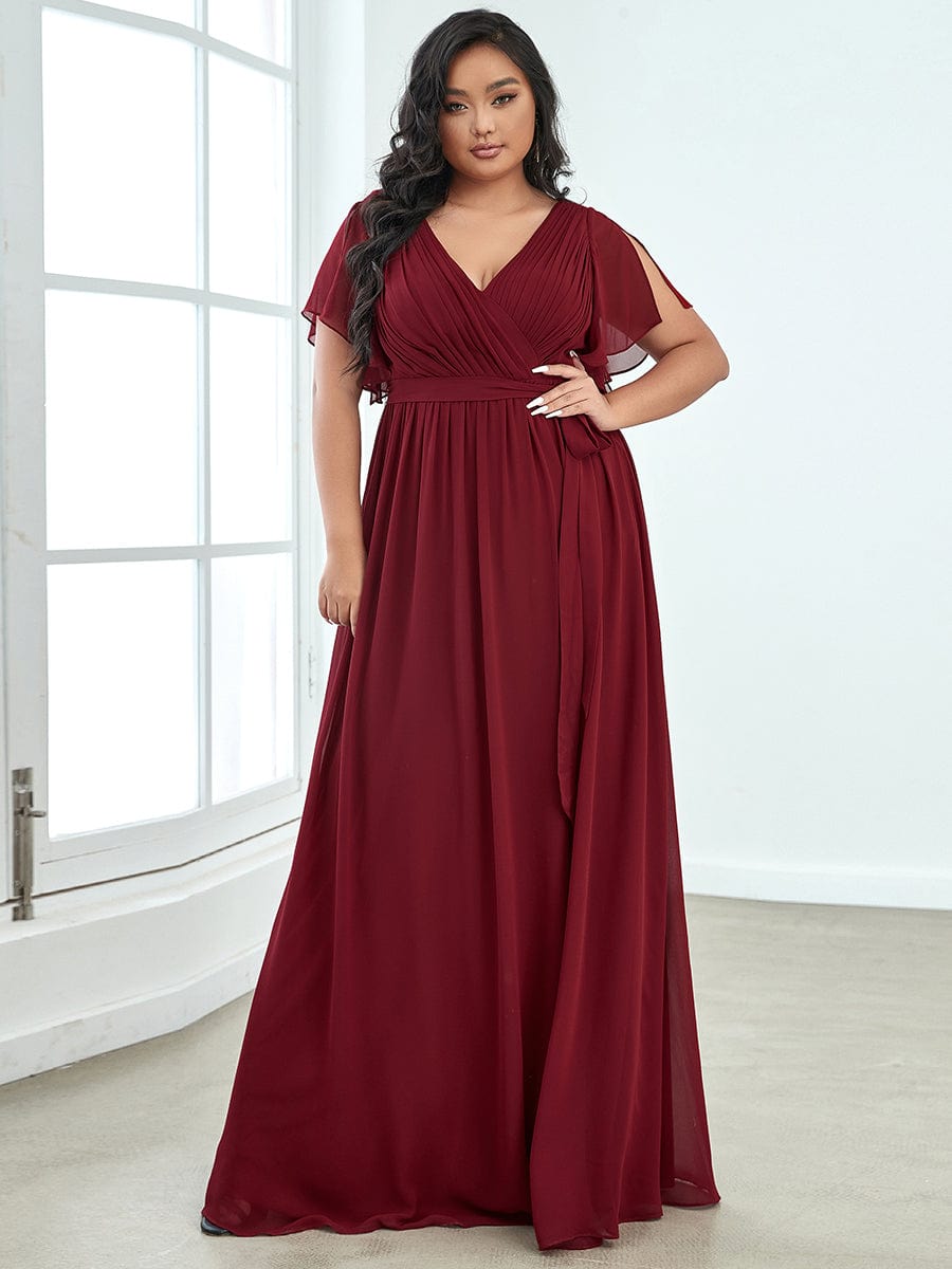 Plus Size Pleated Chiffon Tie-Waist Maxi Dress #color_Burgundy