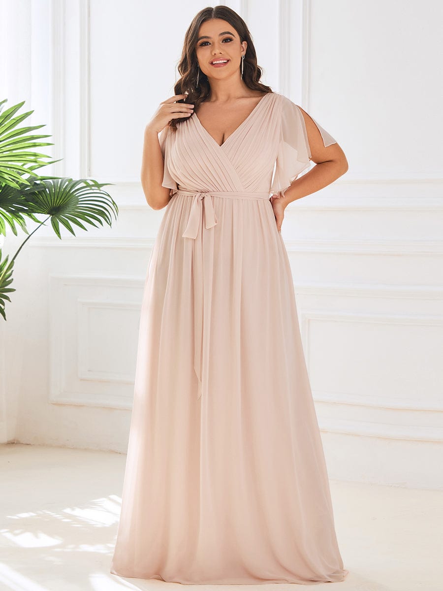 Plus Size Pleated Chiffon Tie-Waist Maxi Dress #color_Blush