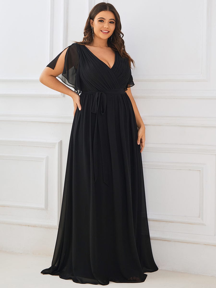 Plus Size Pleated Chiffon Tie-Waist Maxi Dress #color_Black