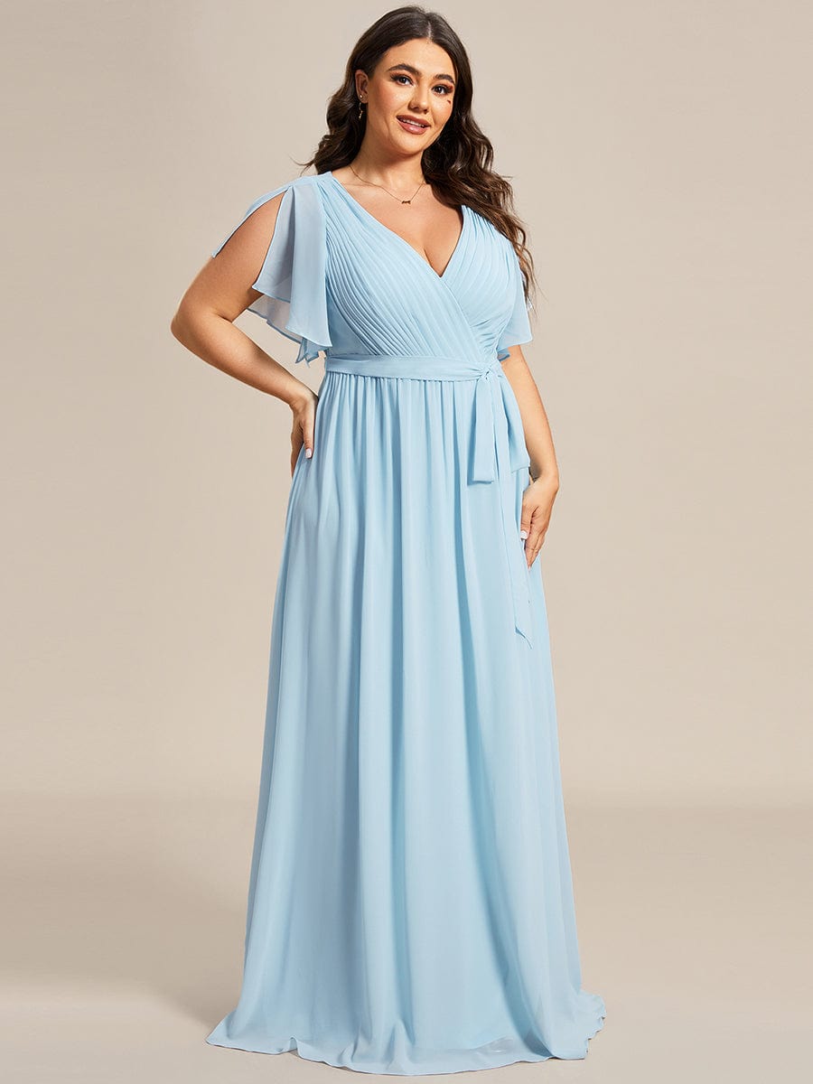 Plus Size Pleated Chiffon Tie-Waist Maxi Dress #color_Sky Blue