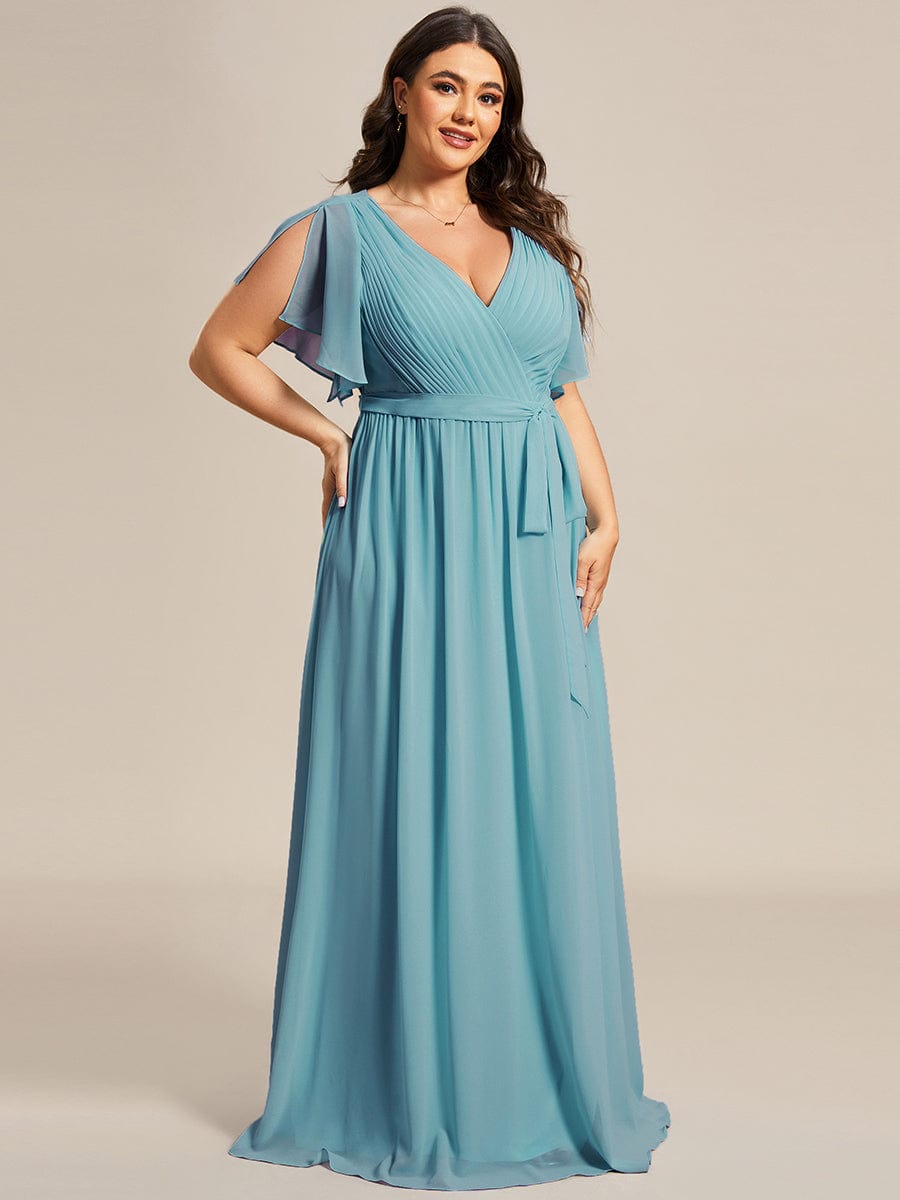 Plus Size Pleated Chiffon Tie-Waist Maxi Dress #color_Light Teal