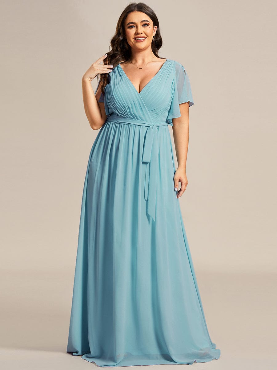 Plus Size Pleated Chiffon Tie-Waist Maxi Dress #color_Light Teal