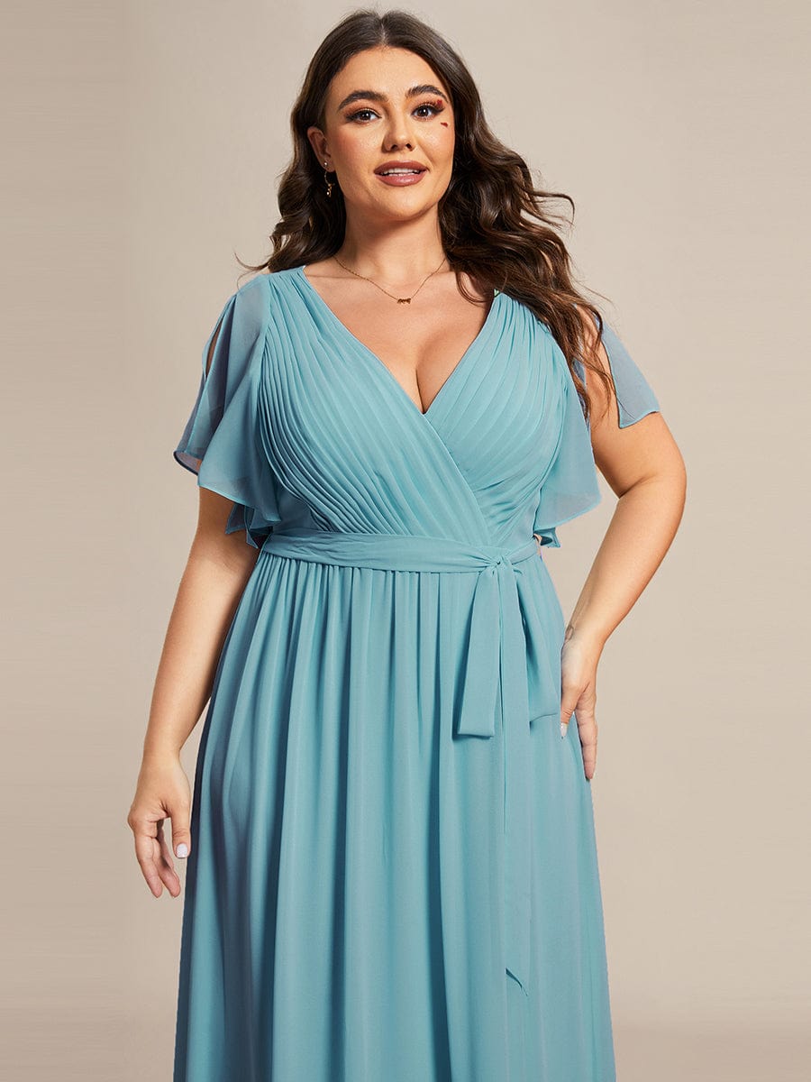 Plus Size Pleated Chiffon Tie-Waist Maxi Dress #color_Light Teal