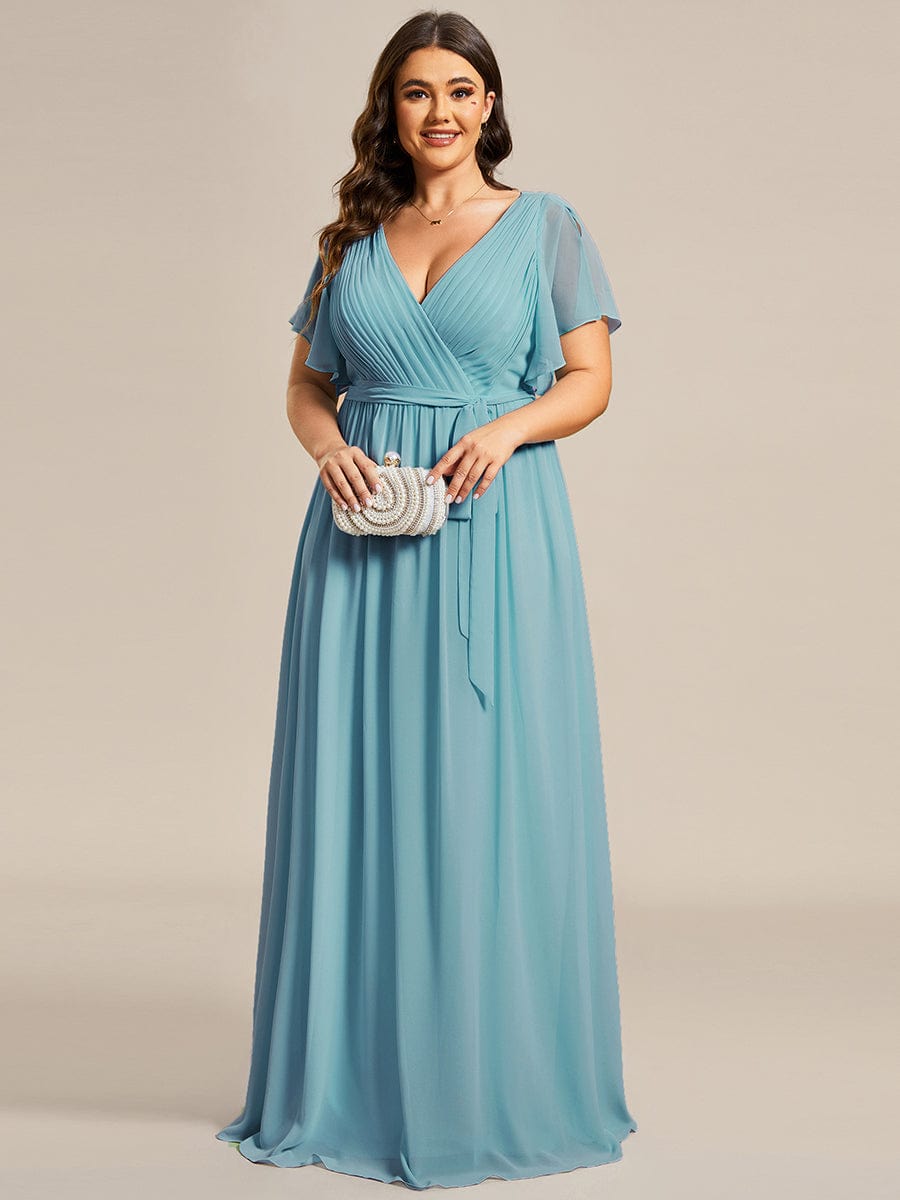 Plus Size Pleated Chiffon Tie-Waist Maxi Dress #color_Light Teal