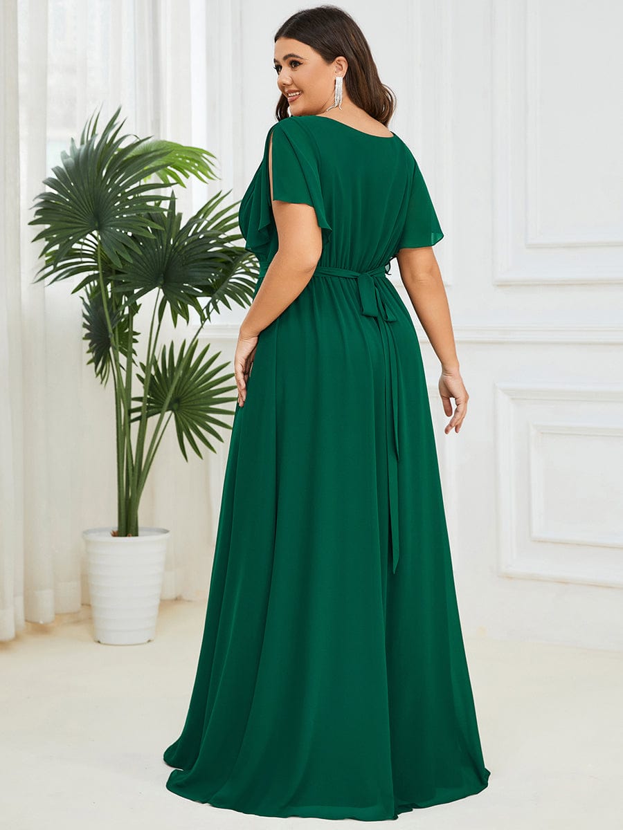 Plus Size Pleated Chiffon Tie-Waist Maxi Dress #color_Dark Green