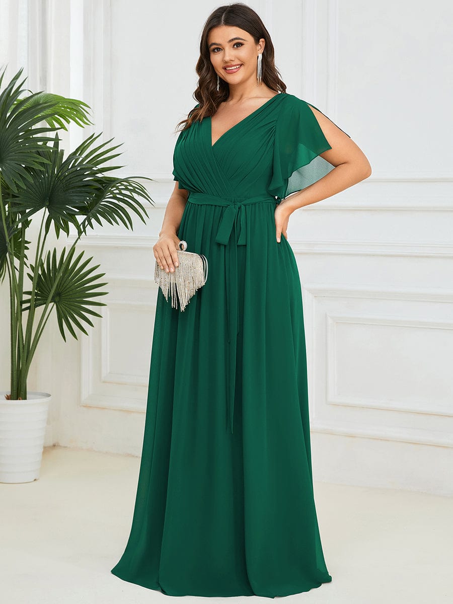 Plus Size Pleated Chiffon Tie-Waist Maxi Dress #color_Dark Green