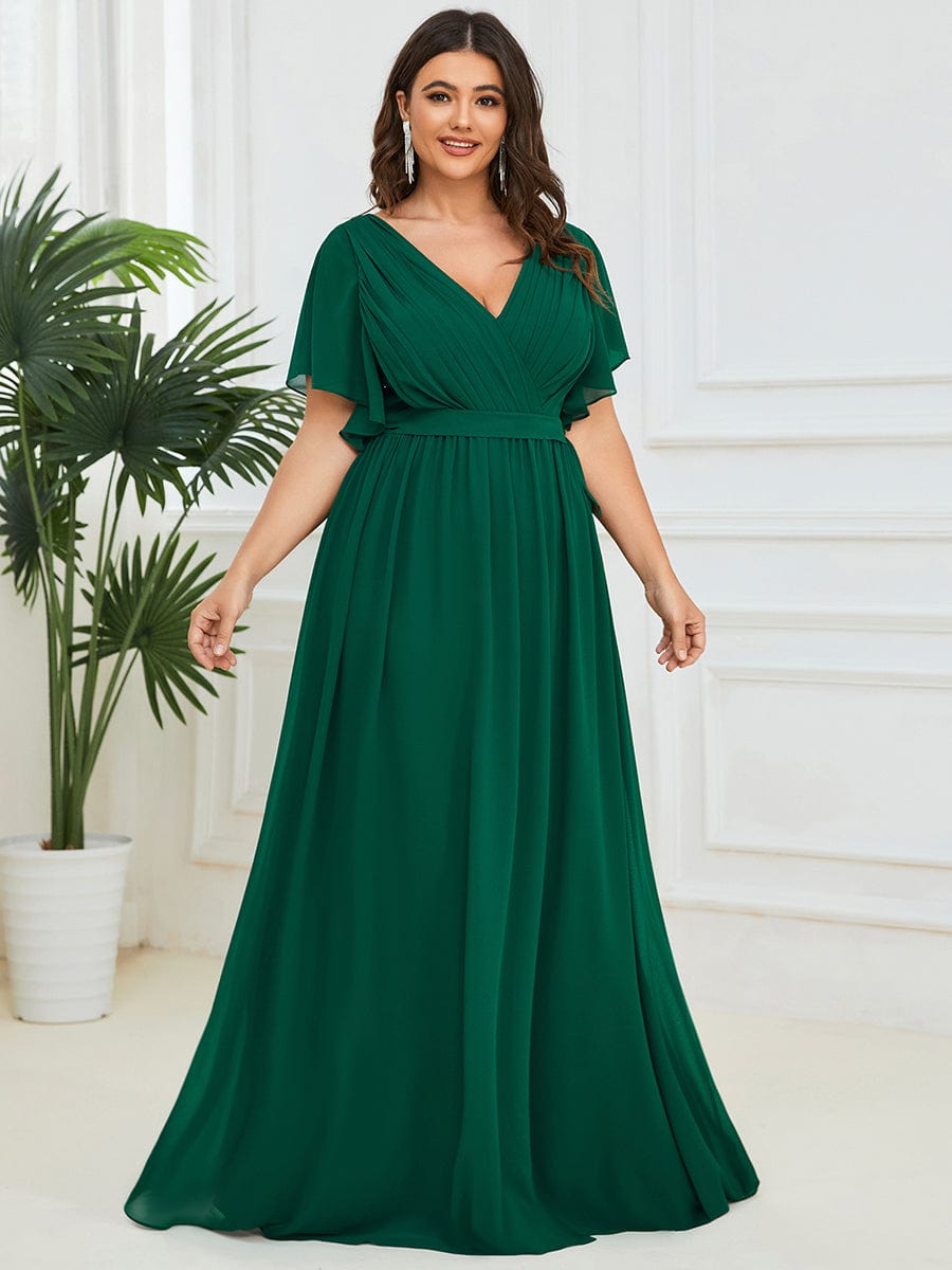 Plus Size Pleated Chiffon Tie-Waist Maxi Dress #color_Dark Green