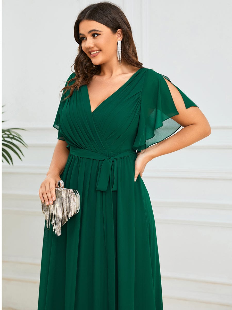 Plus Size Pleated Chiffon Tie-Waist Maxi Dress #color_Dark Green