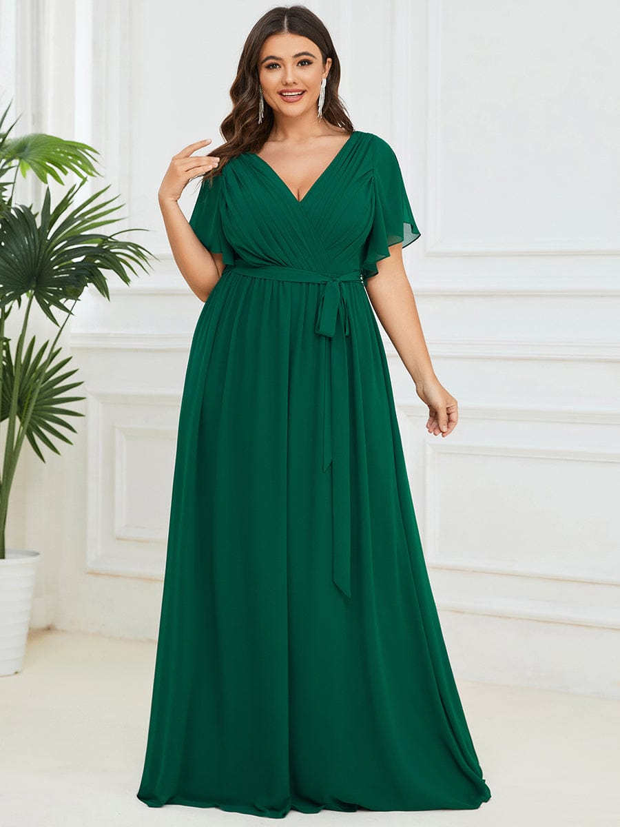 Plus Size Pleated Chiffon Tie-Waist Maxi Dress #color_Dark Green