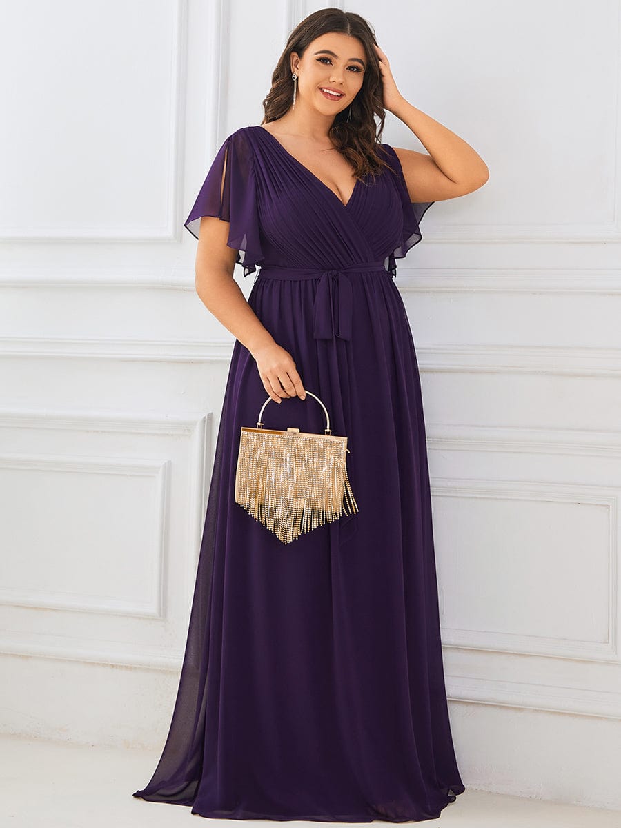 Plus Size Pleated Chiffon Tie-Waist Maxi Dress #color_Dark Purple