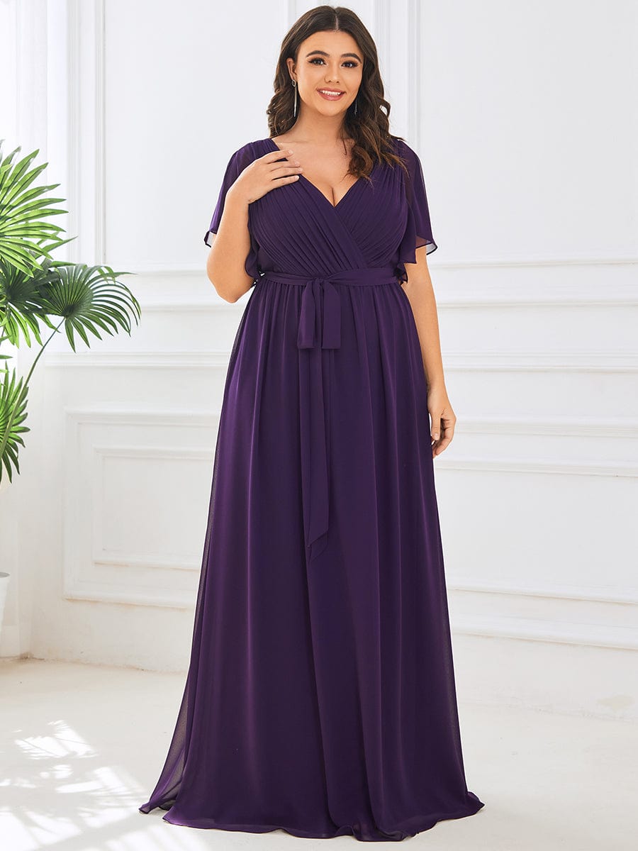 Plus Size Pleated Chiffon Tie-Waist Maxi Dress #color_Dark Purple