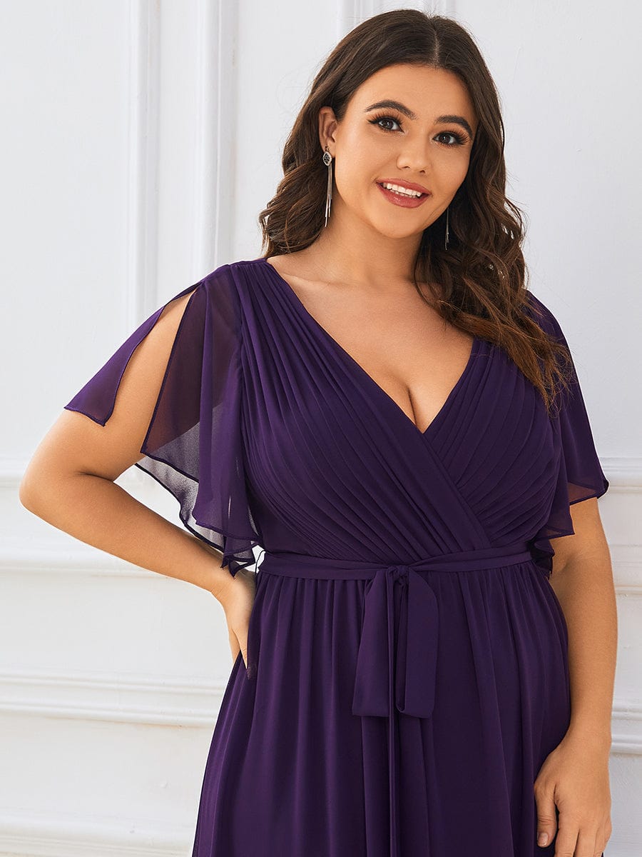 Plus Size Pleated Chiffon Tie-Waist Maxi Dress #color_Dark Purple