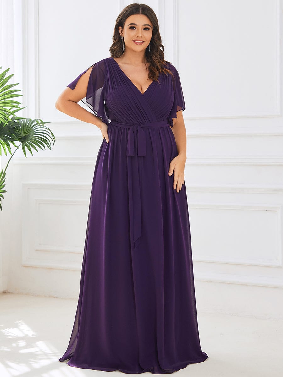 Plus Size Pleated Chiffon Tie-Waist Maxi Dress #color_Dark Purple