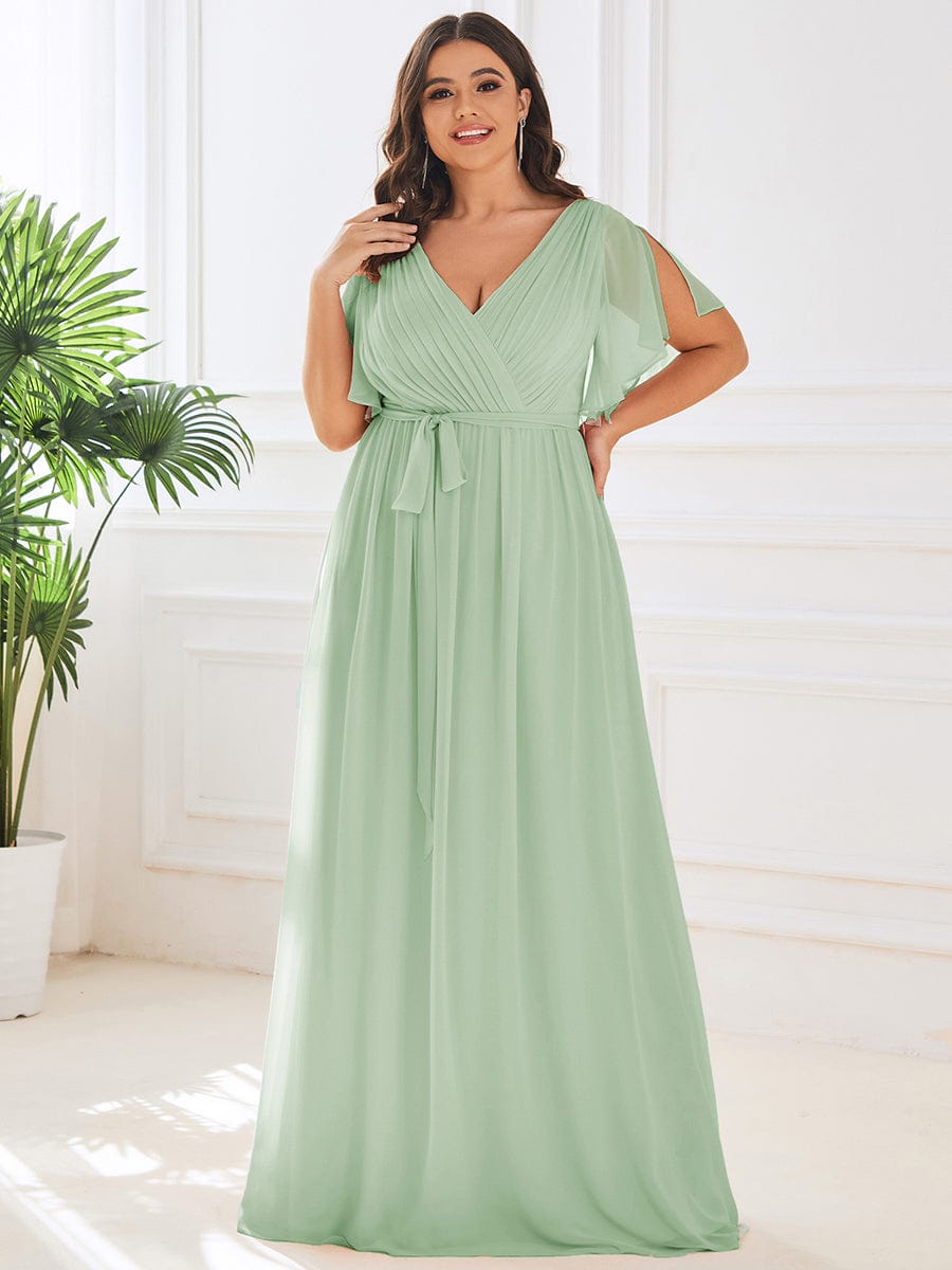 Plus Size Pleated Chiffon Tie-Waist Maxi Dress #color_Sage Green