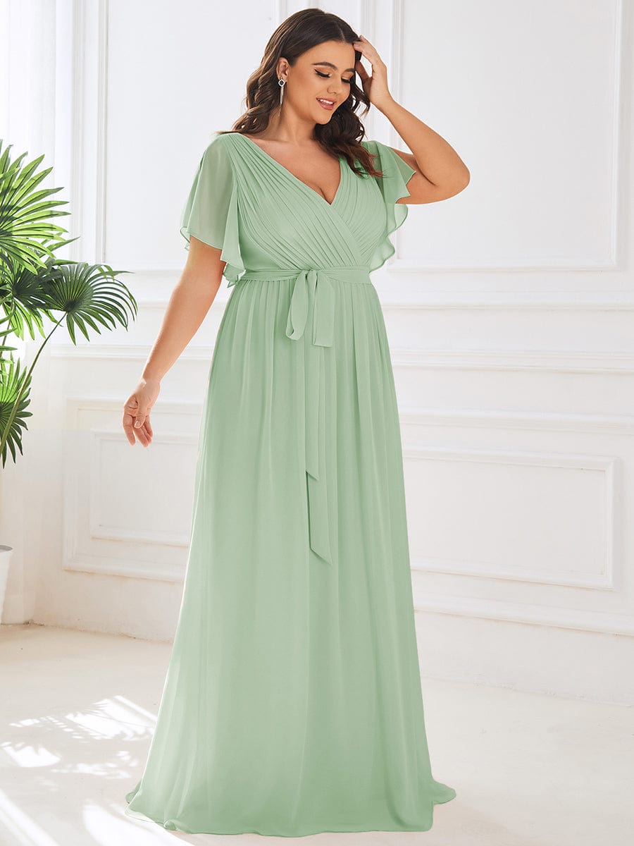 Plus Size Pleated Chiffon Tie-Waist Maxi Dress #color_Sage Green