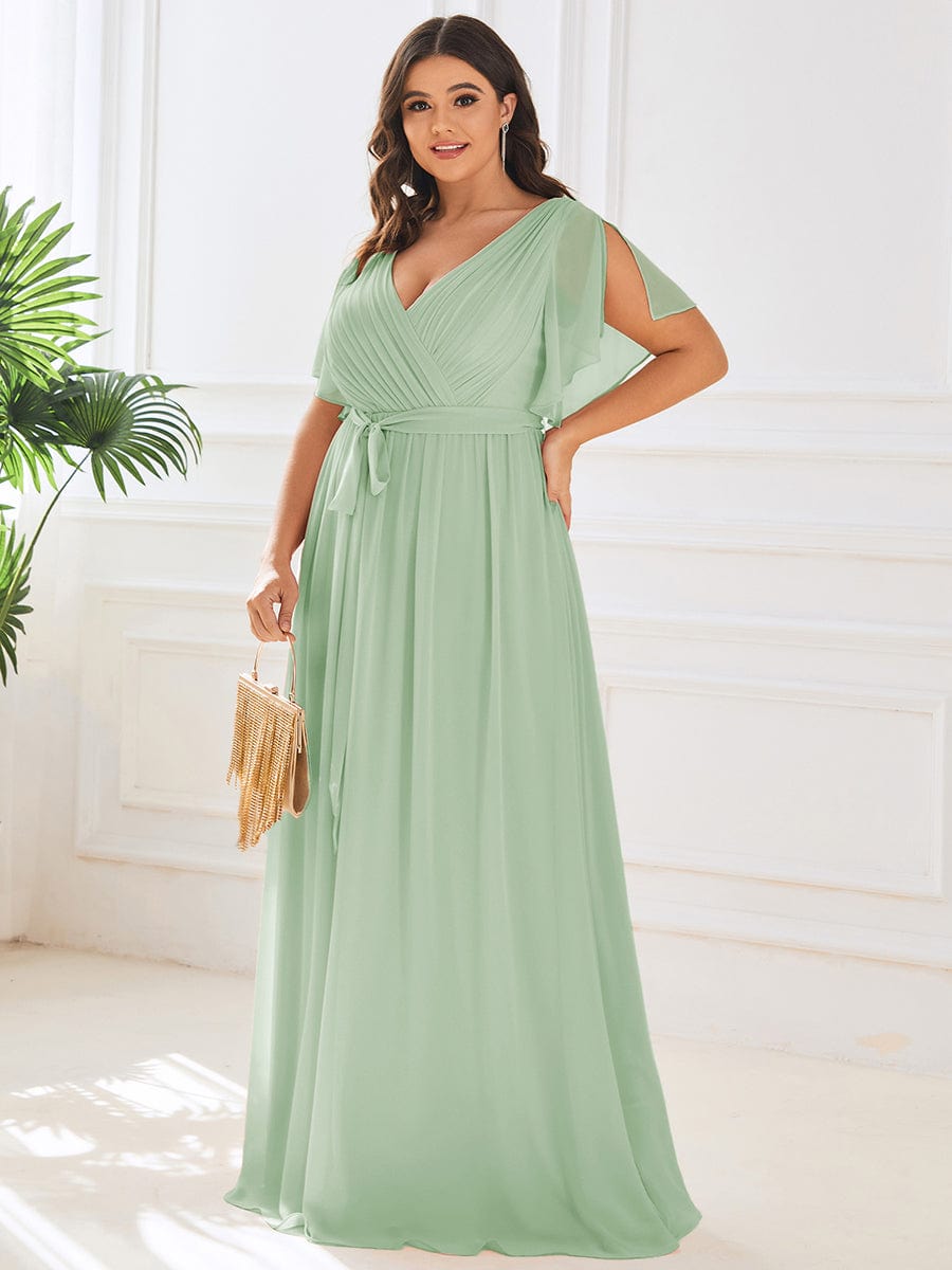 Plus Size Pleated Chiffon Tie-Waist Maxi Dress #color_Sage Green