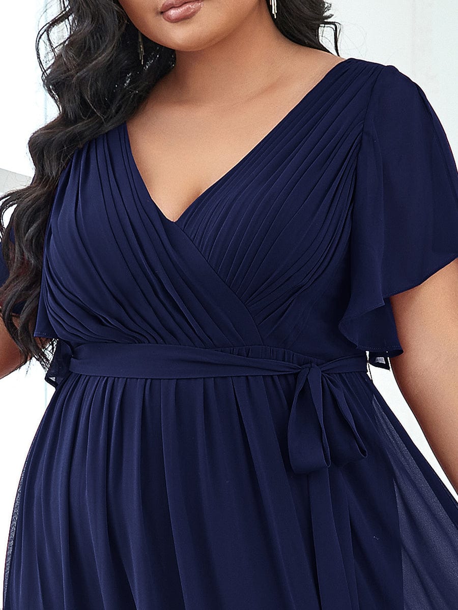 Plus Size Pleated Chiffon Tie-Waist Maxi Dress #color_Navy Blue