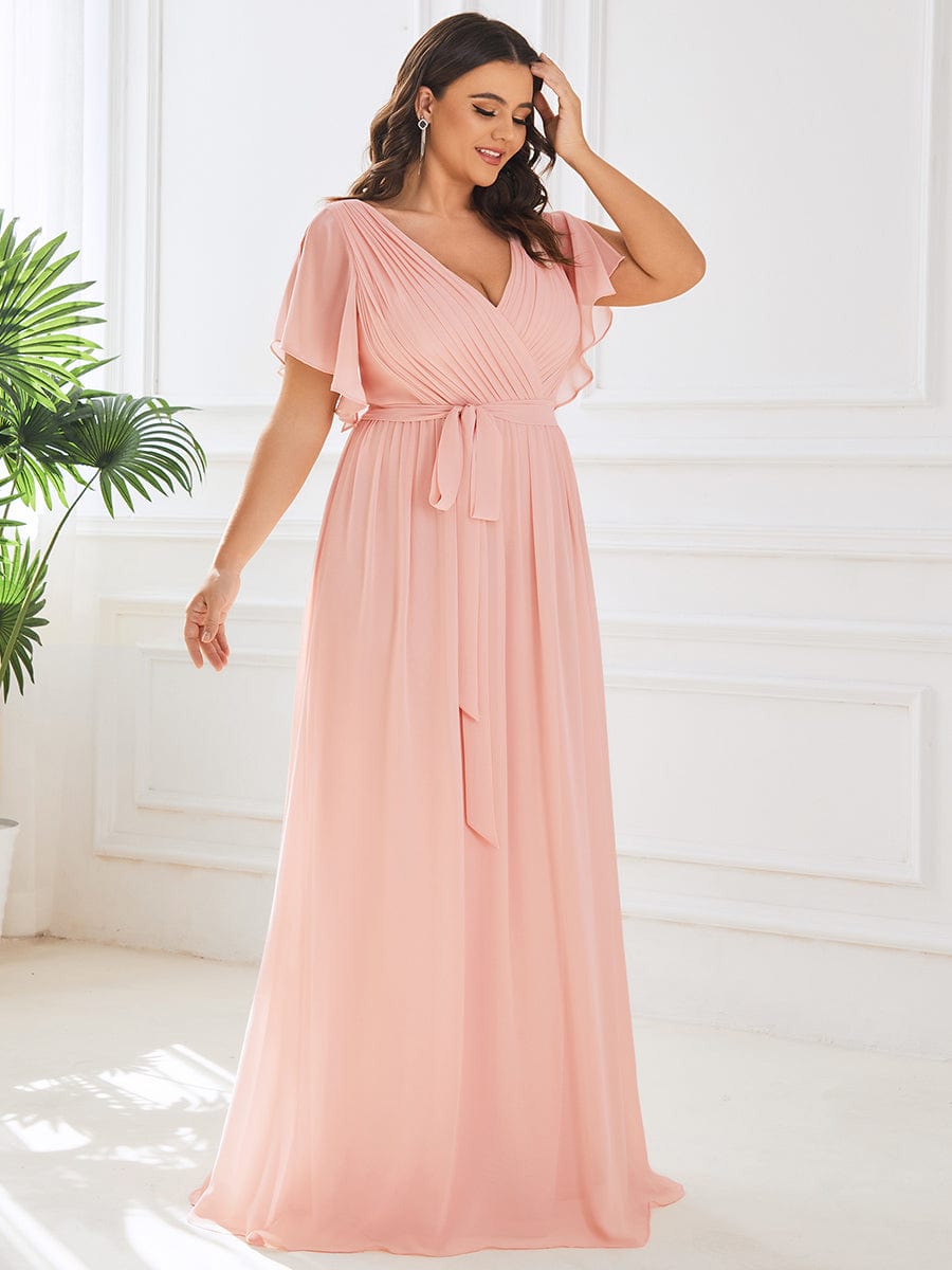 Plus Size Pleated Chiffon Tie-Waist Maxi Dress #color_Pink