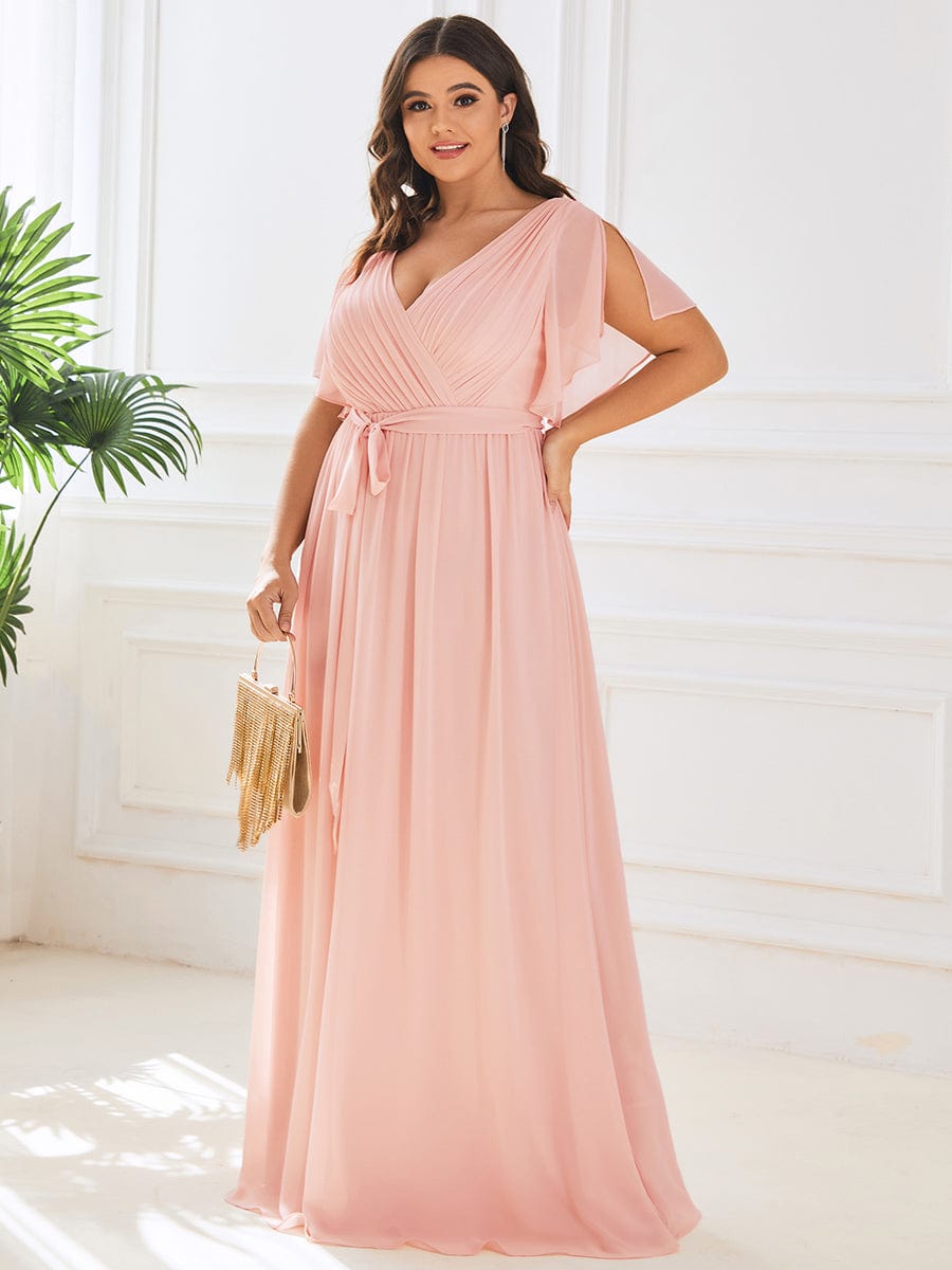 Plus Size Pleated Chiffon Tie-Waist Maxi Dress #color_Pink