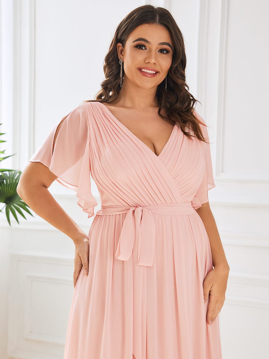 Plus Size Pleated Chiffon Tie-Waist Maxi Dress #color_Pink