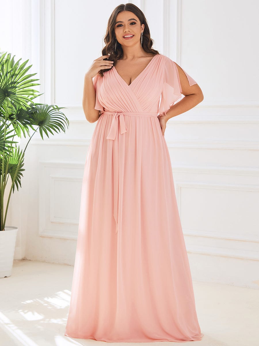 Plus Size Pleated Chiffon Tie-Waist Maxi Dress #color_Pink