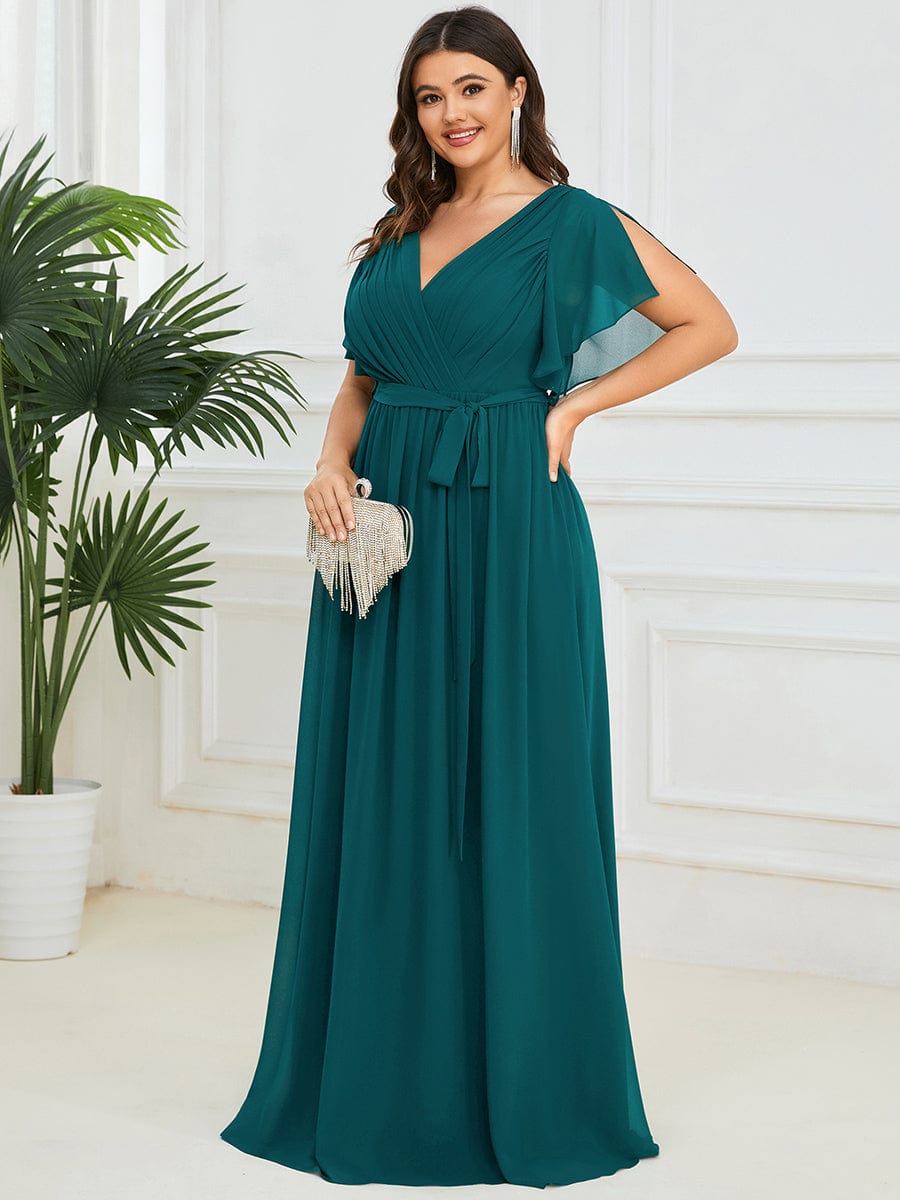 Plus Size Pleated Chiffon Tie-Waist Maxi Dress #color_Teal