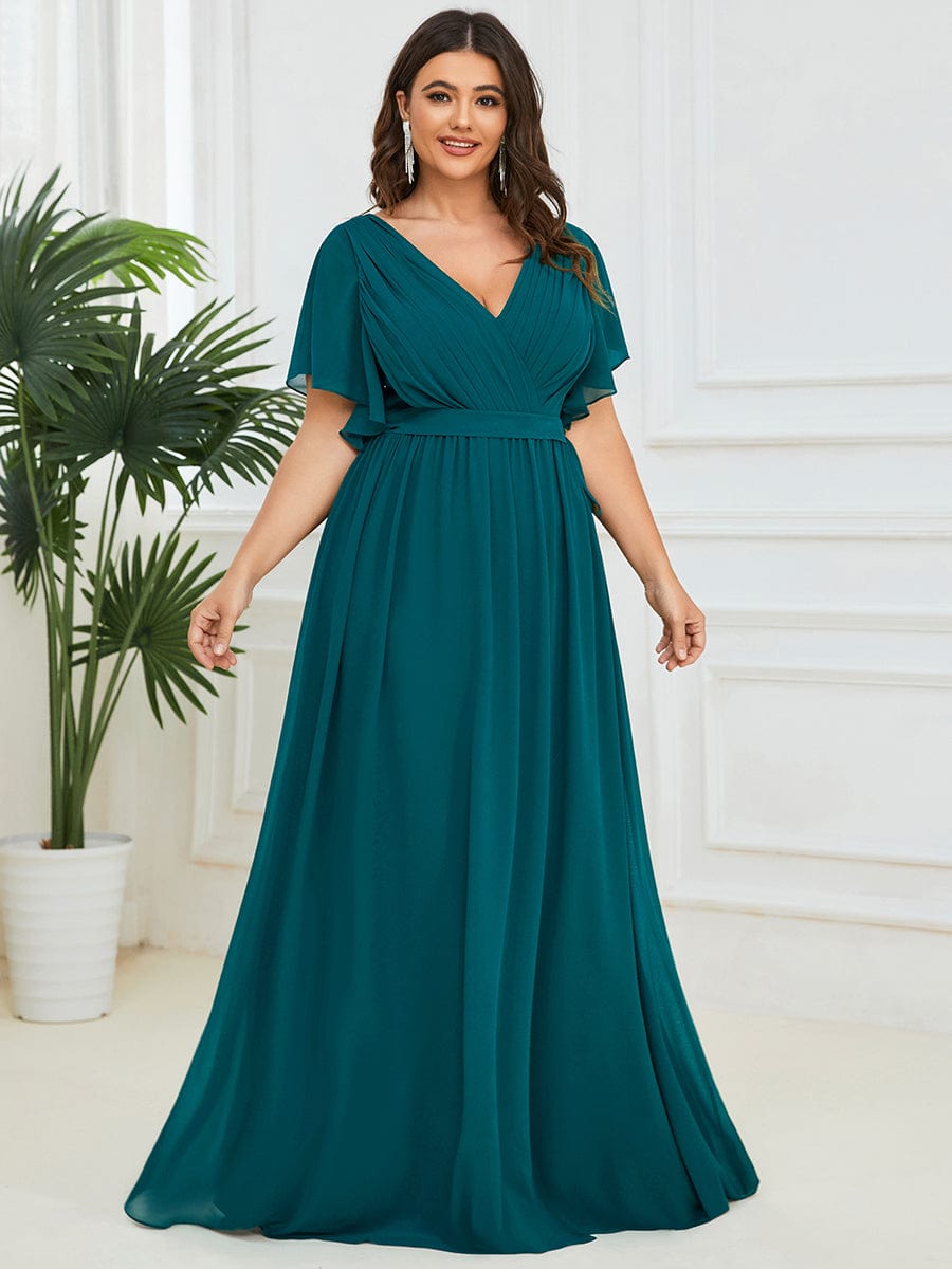 Plus Size Pleated Chiffon Tie-Waist Maxi Dress #color_Teal