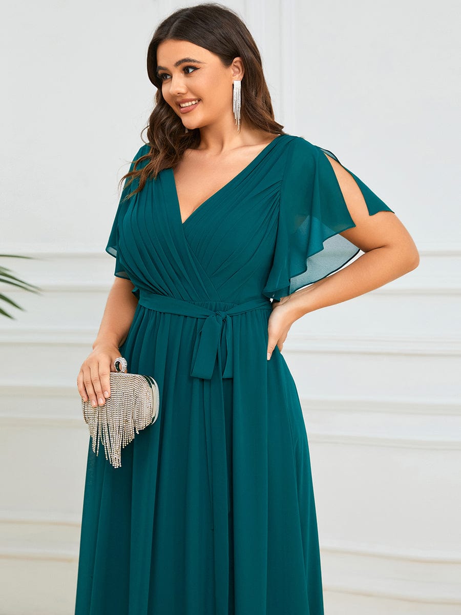 Plus Size Pleated Chiffon Tie-Waist Maxi Dress #color_Teal