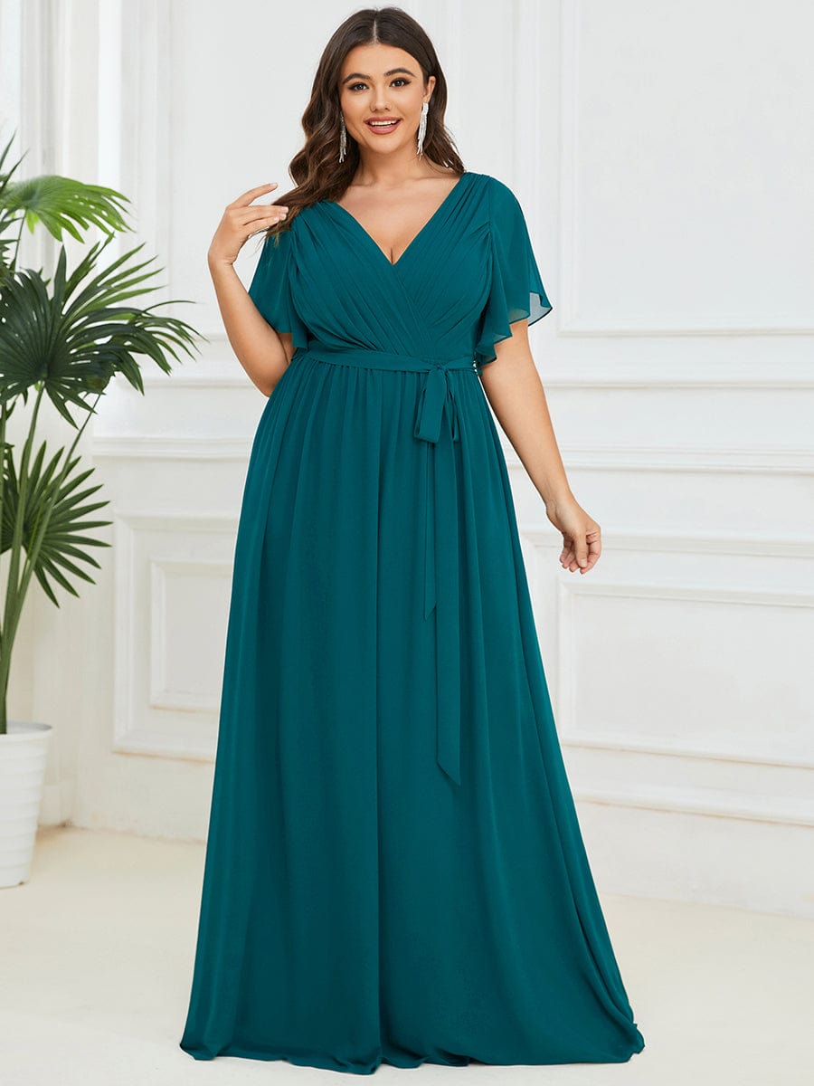 Plus Size Pleated Chiffon Tie-Waist Maxi Dress #color_Teal