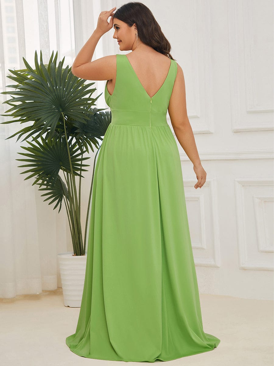 Plus Size V Neck High Slit Dress #color_Avocado Green