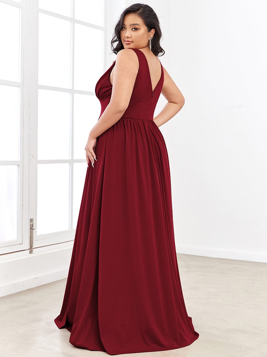 Plus Size V Neck High Slit Dress #color_Burgundy