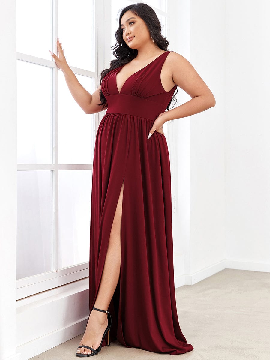 Plus Size V Neck High Slit Dress #color_Burgundy