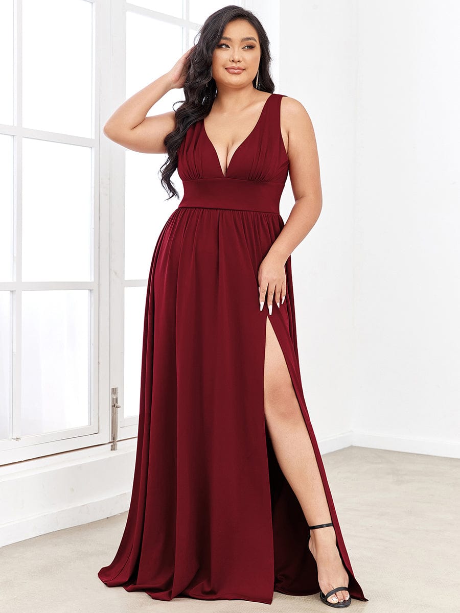 Plus Size V Neck High Slit Dress #color_Burgundy