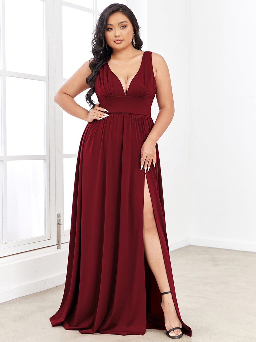 Plus Size V Neck High Slit Dress #color_Burgundy