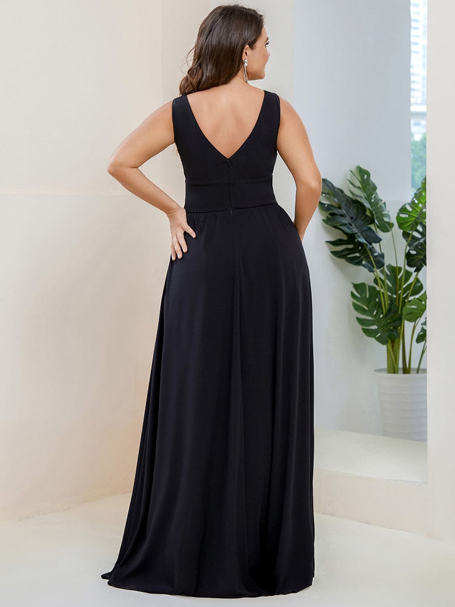 Plus Size V Neck High Slit Dress #color_Black