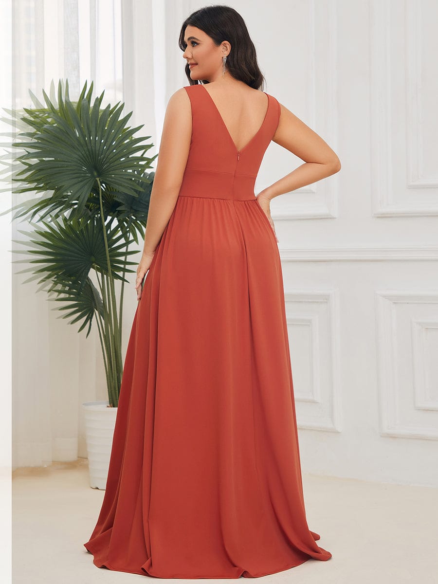 Plus Size V Neck High Slit Dress #color_Burnt Orange