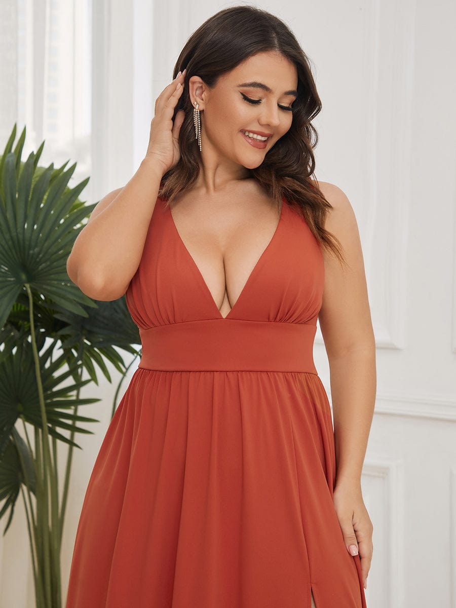 Plus Size V Neck High Slit Dress #color_Burnt Orange