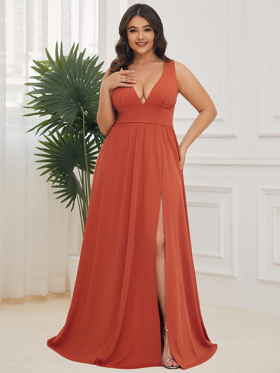 Plus Size V Neck High Slit Dress #color_Burnt Orange