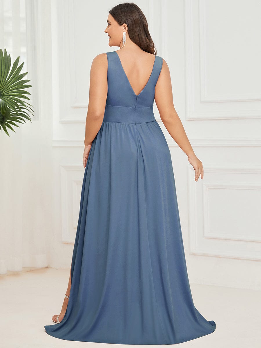 Plus Size V Neck High Slit Dress #color_Dusty Blue