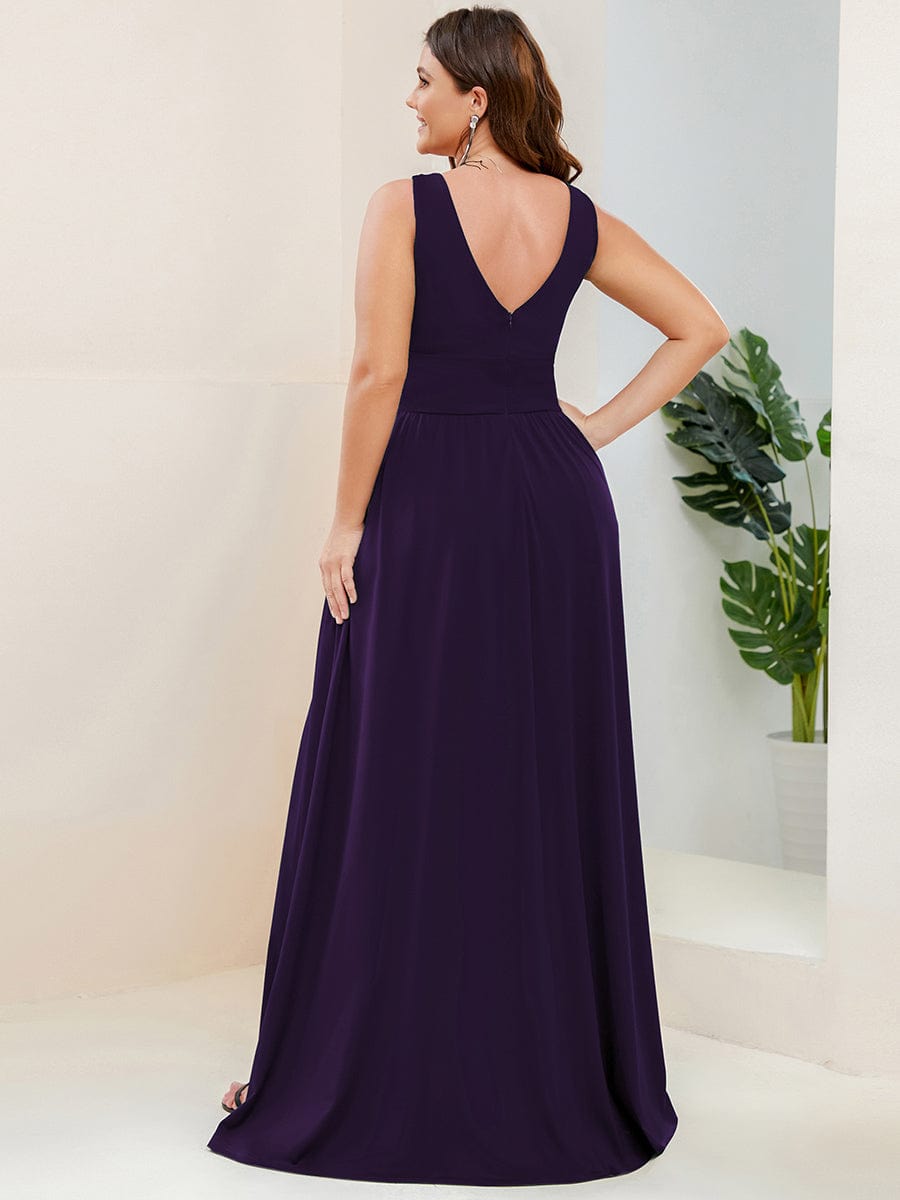 Plus Size V Neck High Slit Dress #color_Dark Purple