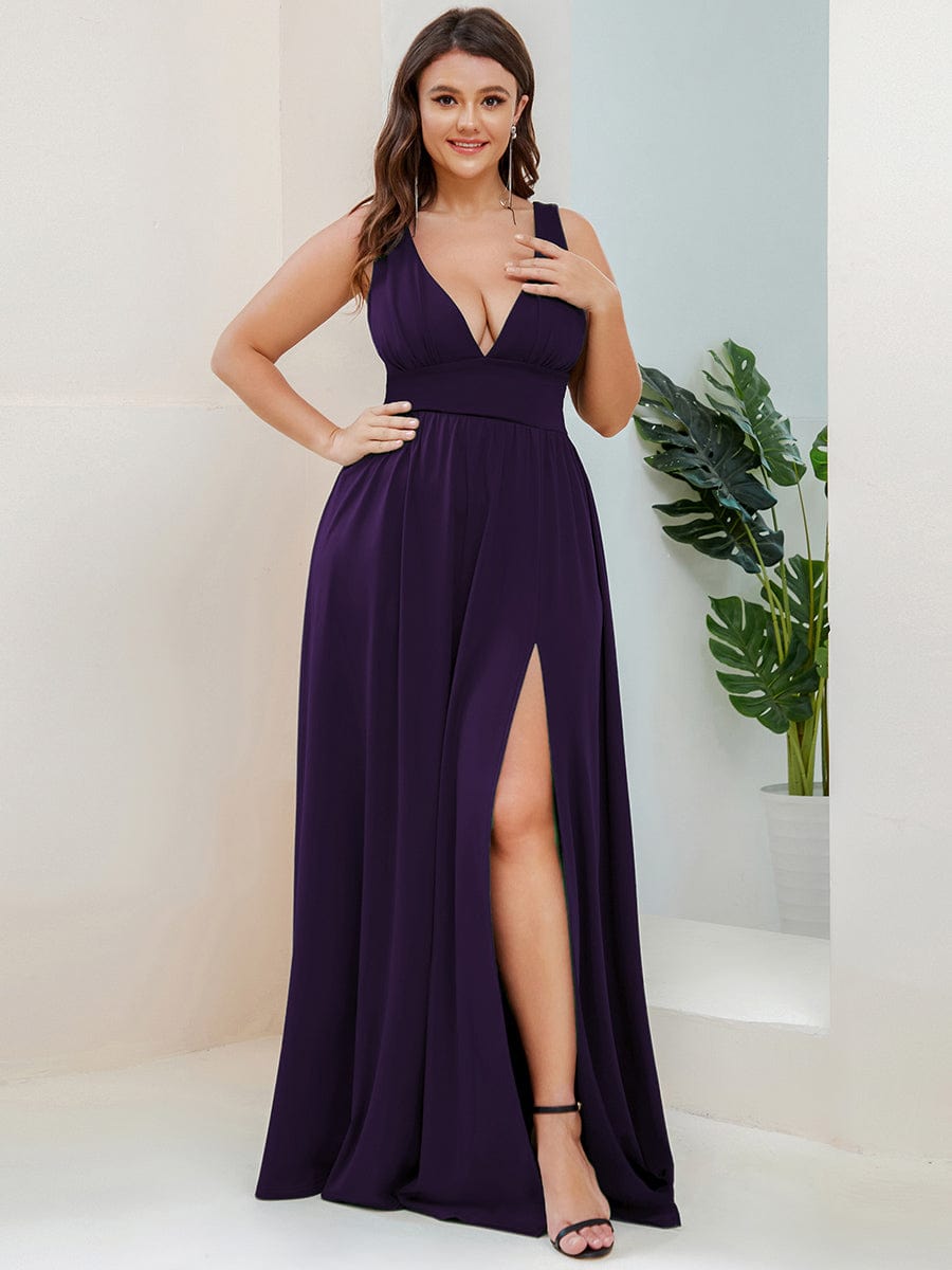 Plus Size V Neck High Slit Dress #color_Dark Purple