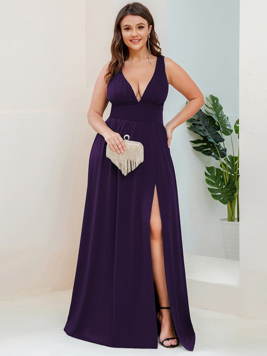 Plus Size V Neck High Slit Dress #color_Dark Purple