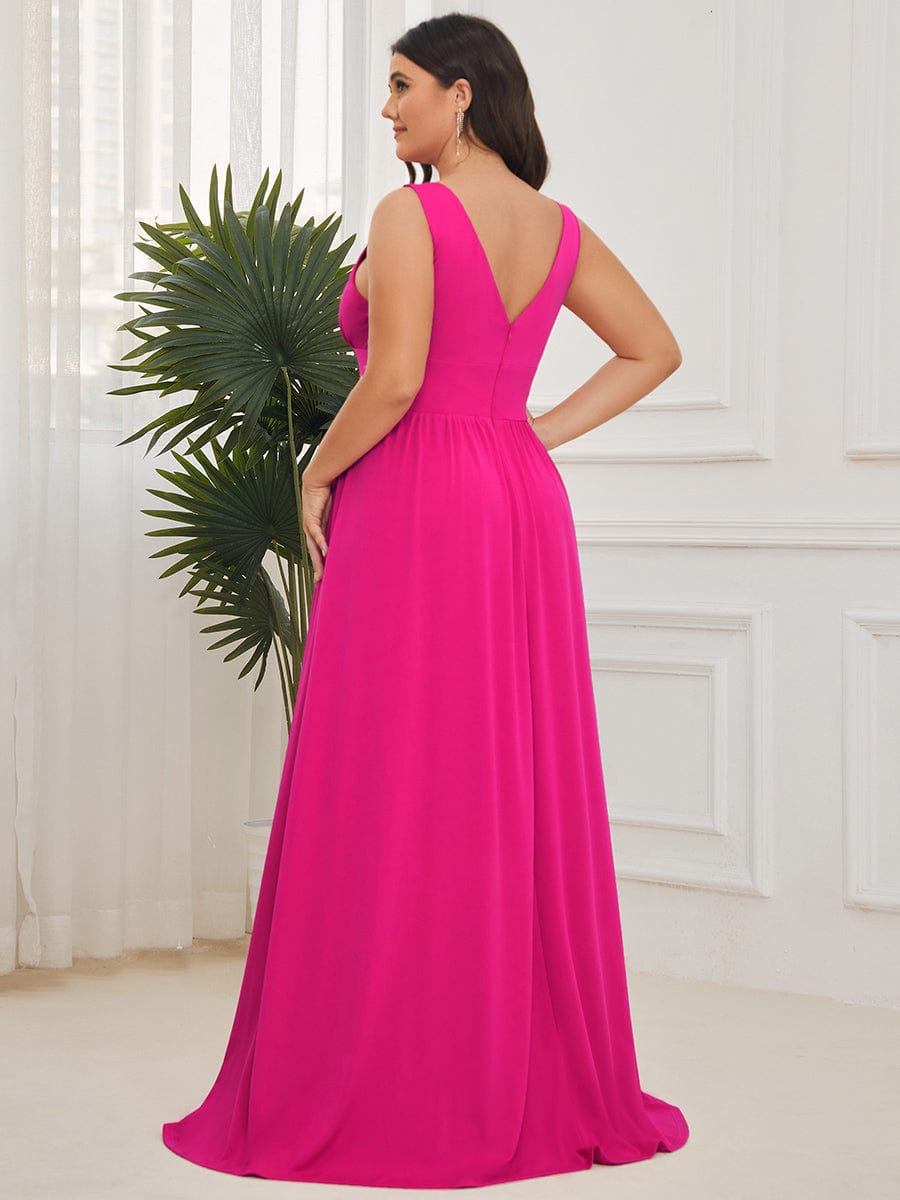 Plus Size V Neck High Slit Dress #color_Hot Pink