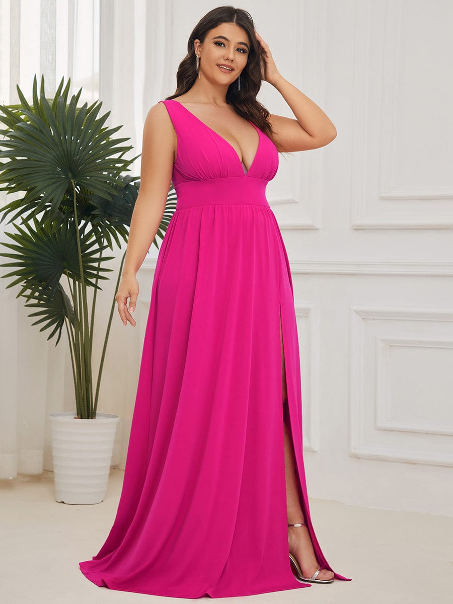 Plus Size V Neck High Slit Dress #color_Hot Pink